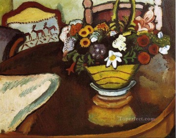 August Macke Painting - Still Life with Stag Cushion and Flowers August Macke